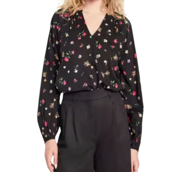 NEW OLD NAVY Black Floral Flowy Top Blouse Large Peasant Bloom Romantic Gathers - Picture 2 of 9